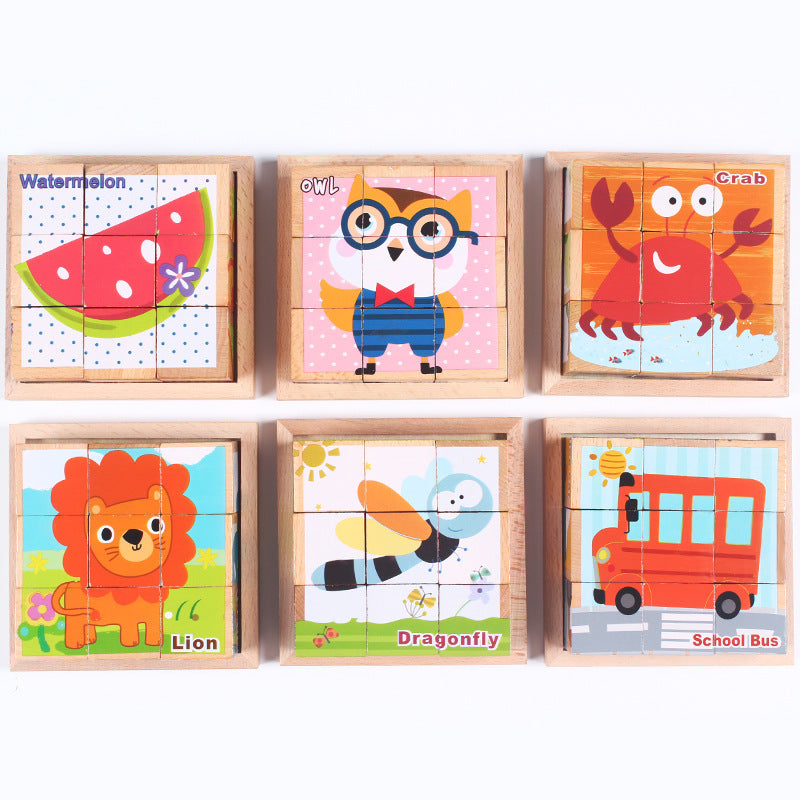 6-in-1 Wooden Cube Jigsaw Puzzle for Toddlers | Animal Picture Blocks in Tray | Age 1+