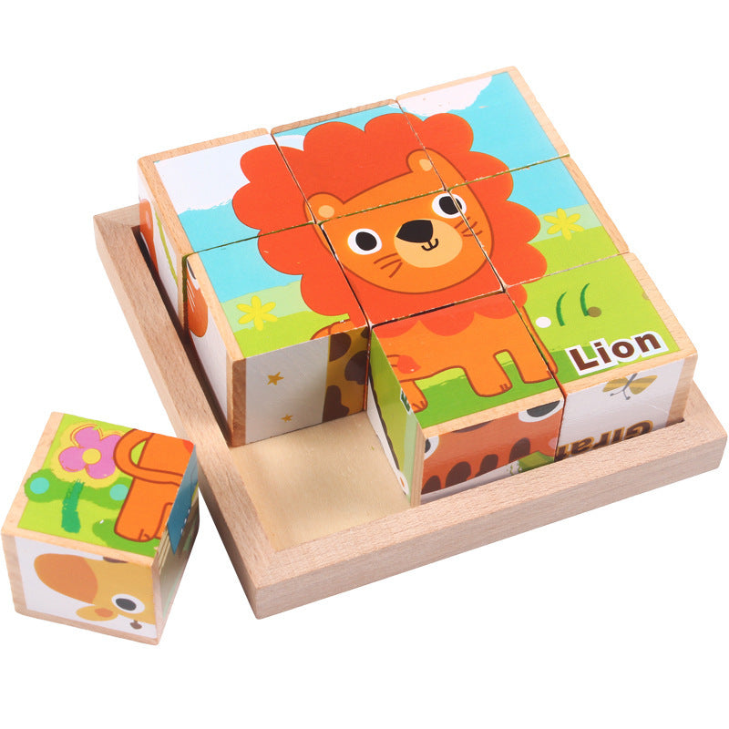 6-in-1 Wooden Cube Jigsaw Puzzle for Toddlers | Animal Picture Blocks in Tray | Age 1+