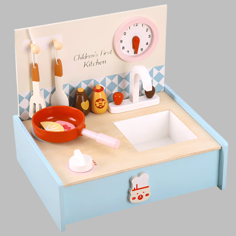 Wooden Mini Kitchen Set for Children (3+ Years) – Complete Pretend Play Gift with Utensils, Pan & Food