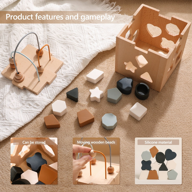 Wooden Shape Sorter & Activity Cube for Toddlers | 12 Geometric Pieces + Bead Maze | Age 1+