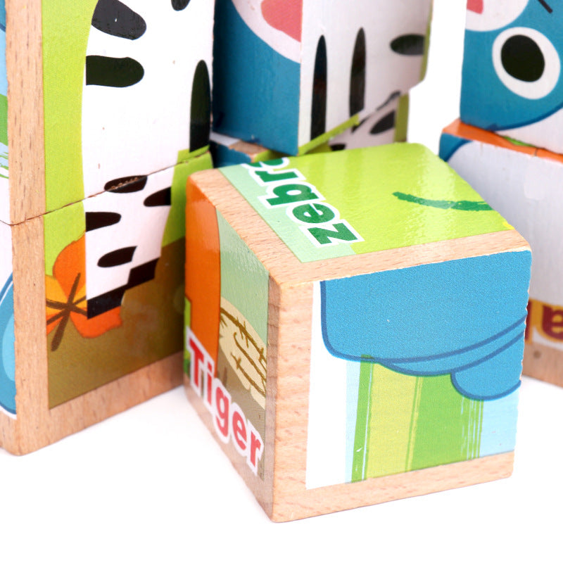 6-in-1 Wooden Cube Jigsaw Puzzle for Toddlers | Animal Picture Blocks in Tray | Age 1+