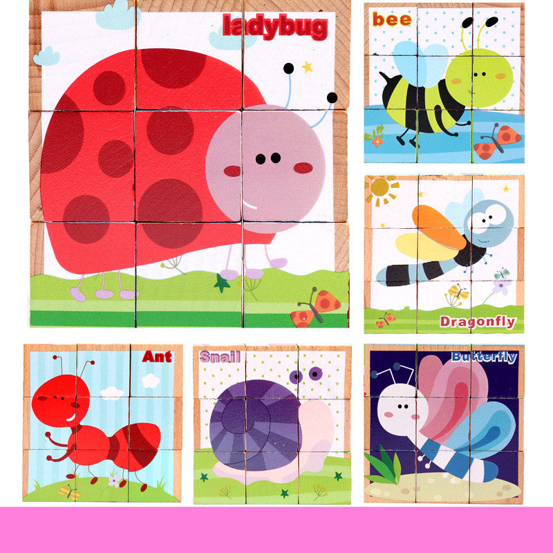 6-in-1 Wooden Cube Jigsaw Puzzle for Toddlers | Animal Picture Blocks in Tray | Age 1+