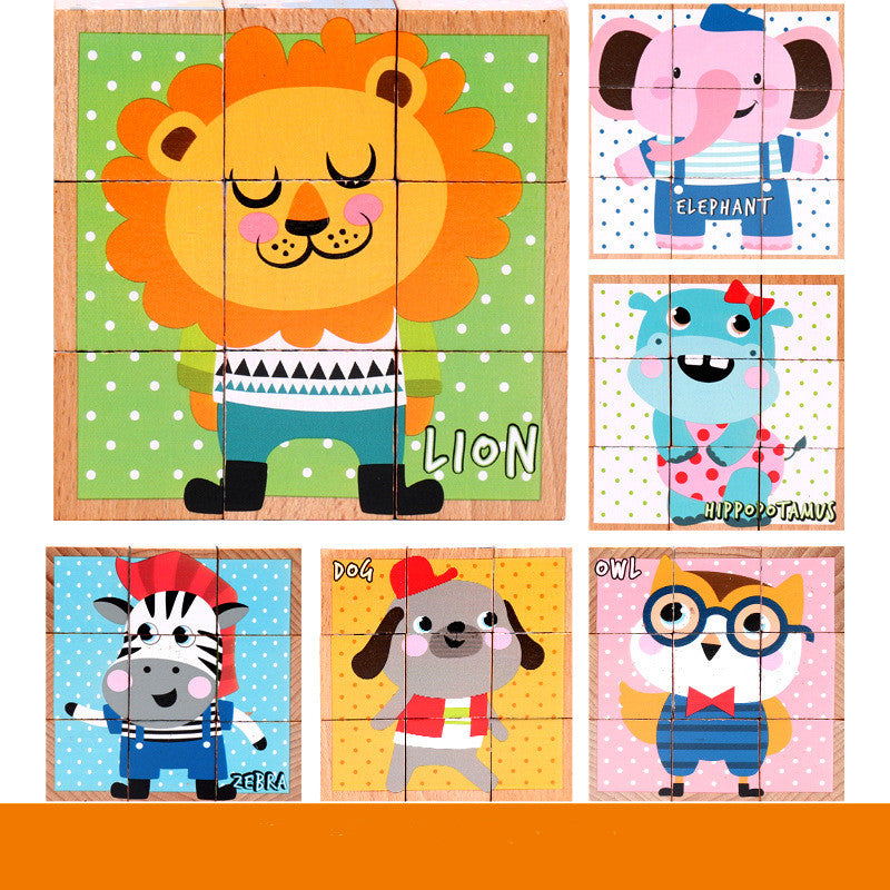 6-in-1 Wooden Cube Jigsaw Puzzle for Toddlers | Animal Picture Blocks in Tray | Age 1+