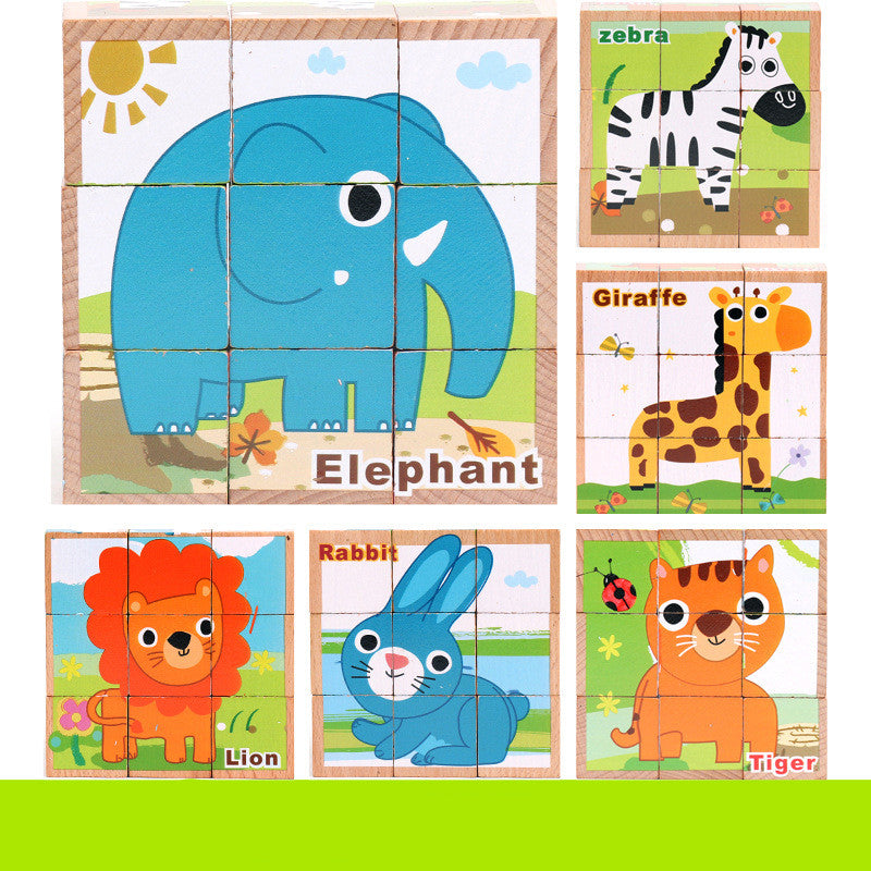6-in-1 Wooden Cube Jigsaw Puzzle for Toddlers | Animal Picture Blocks in Tray | Age 1+