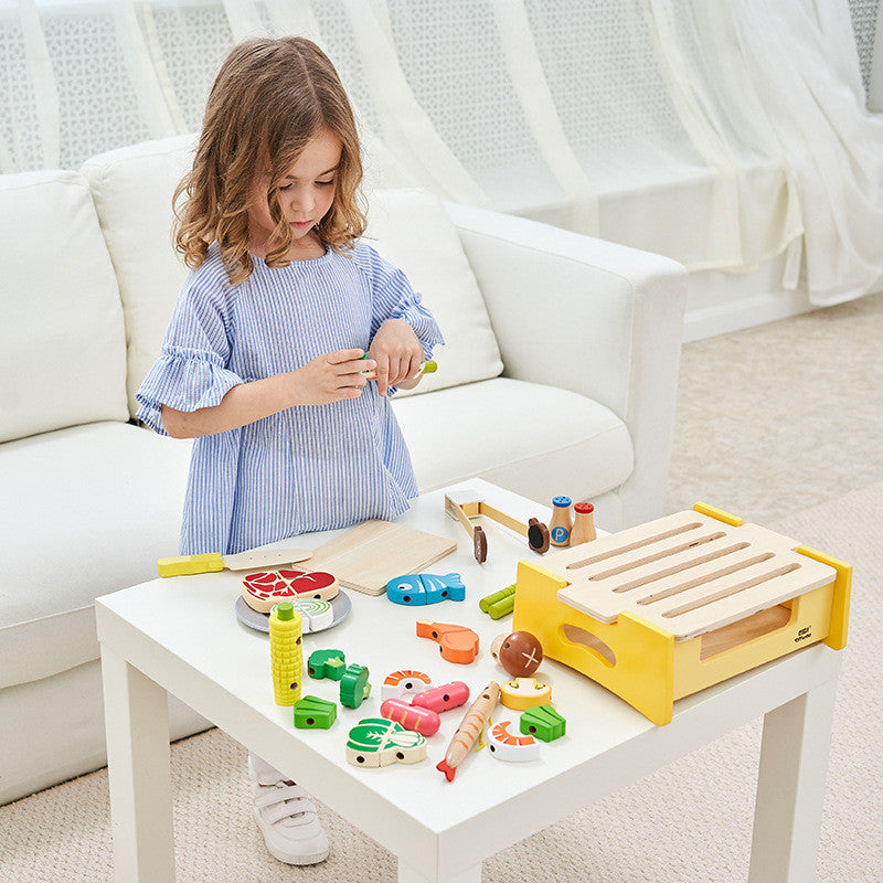 Wooden BBQ Grill Toy Set | Pretend Play Kitchen with 32 Magnetic Food Pieces