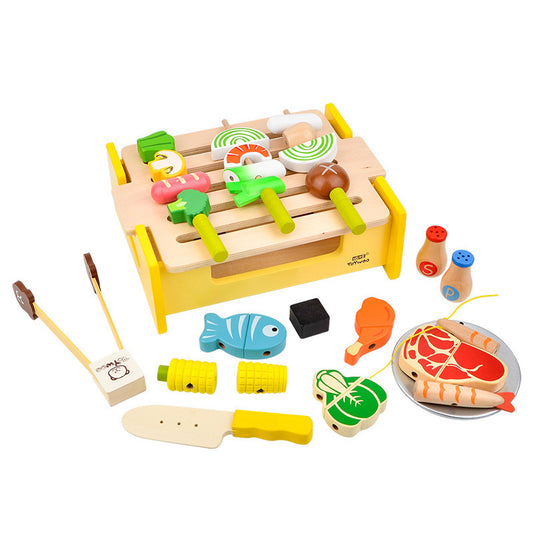 Wooden BBQ Grill Toy Set | Pretend Play Kitchen with 32 Magnetic Food Pieces