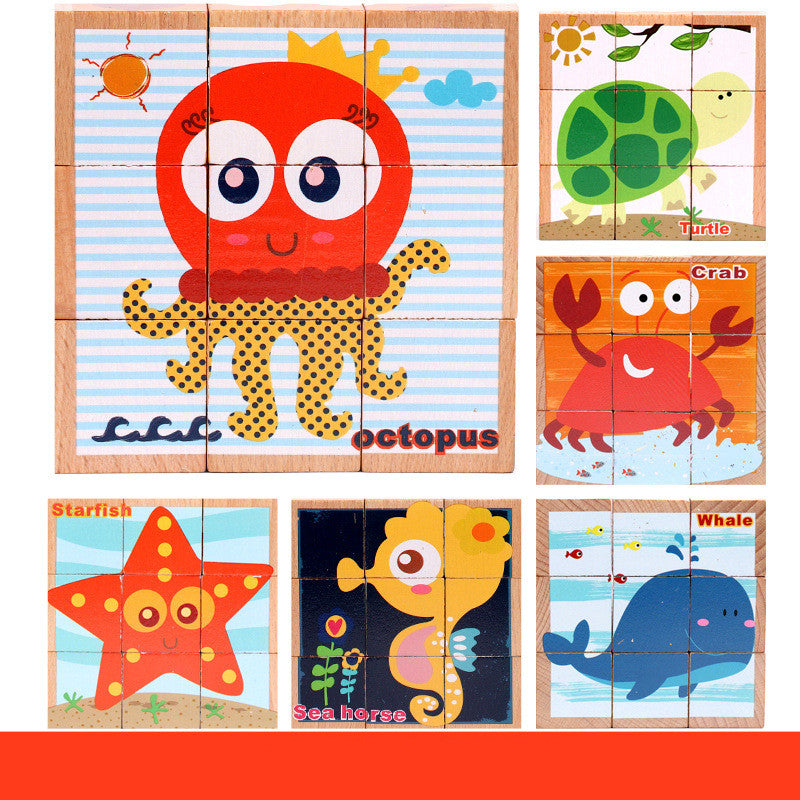 6-in-1 Wooden Cube Jigsaw Puzzle for Toddlers | Animal Picture Blocks in Tray | Age 1+