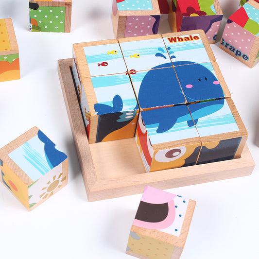 6-in-1 Wooden Cube Jigsaw Puzzle for Toddlers | Animal Picture Blocks in Tray | Age 1+