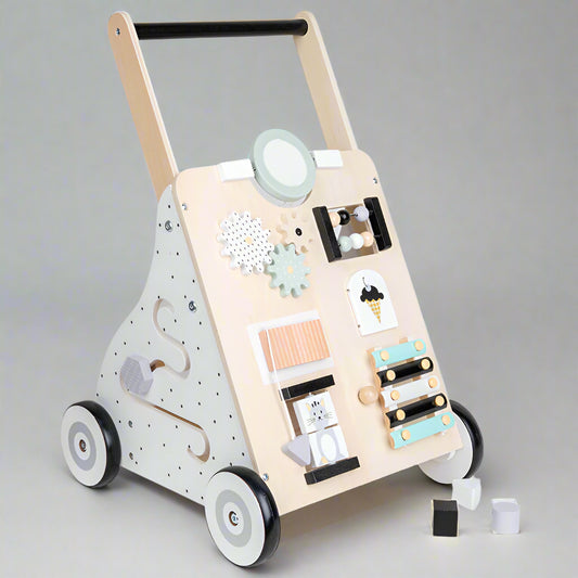 Scandi Wooden Baby Walker with Activity Panel | First Steps & Montessori Sensory Toy | Age 12m+