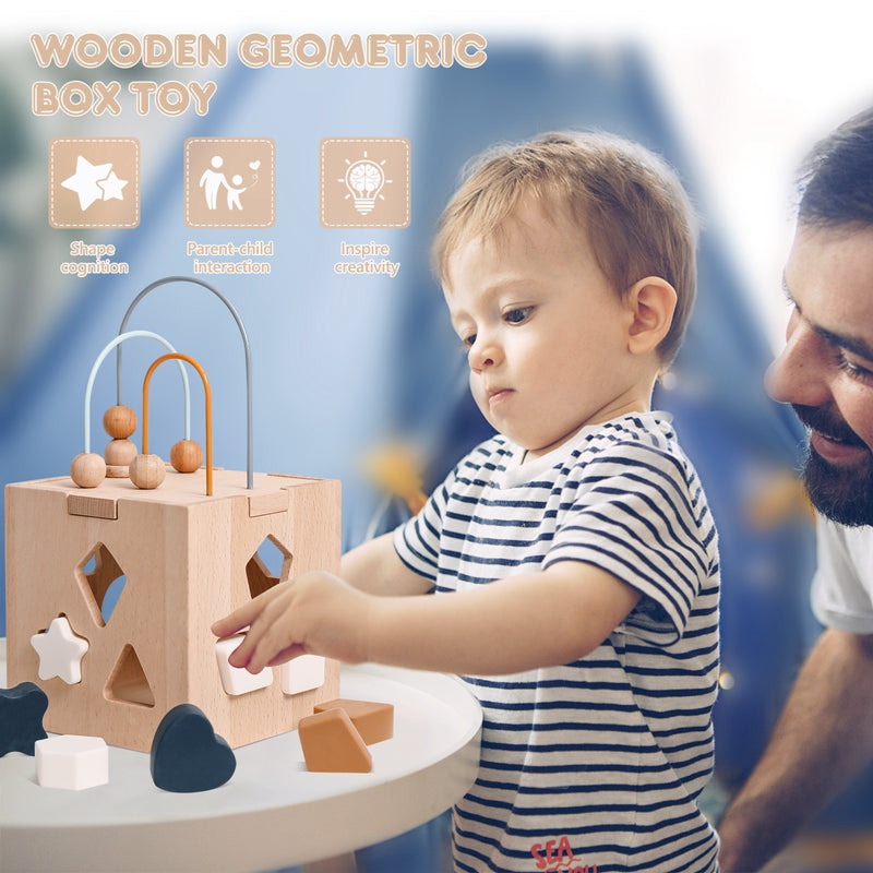 Wooden Shape Sorter & Activity Cube for Toddlers | 12 Geometric Pieces + Bead Maze | Age 1+