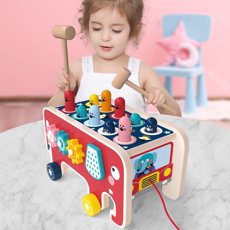 Montessori Wooden Pull-Along Toy for Toddlers | Whack-a-Mole, Gears & Multi-Activity Bus | Age 1+