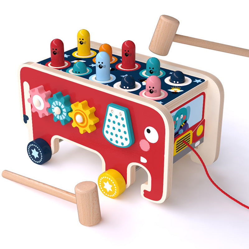 Montessori Wooden Pull-Along Toy for Toddlers | Whack-a-Mole, Gears & Multi-Activity Bus | Age 1+