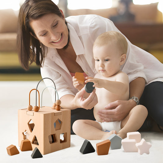 Wooden Shape Sorter & Activity Cube for Toddlers | 12 Geometric Pieces + Bead Maze | Age 1+