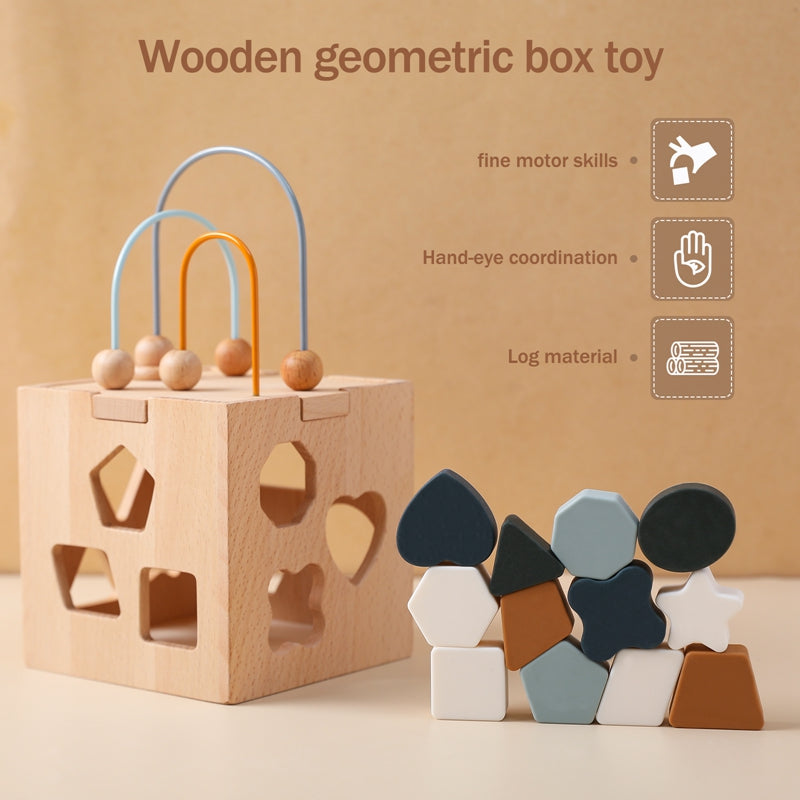 Wooden Shape Sorter & Activity Cube for Toddlers | 12 Geometric Pieces + Bead Maze | Age 1+